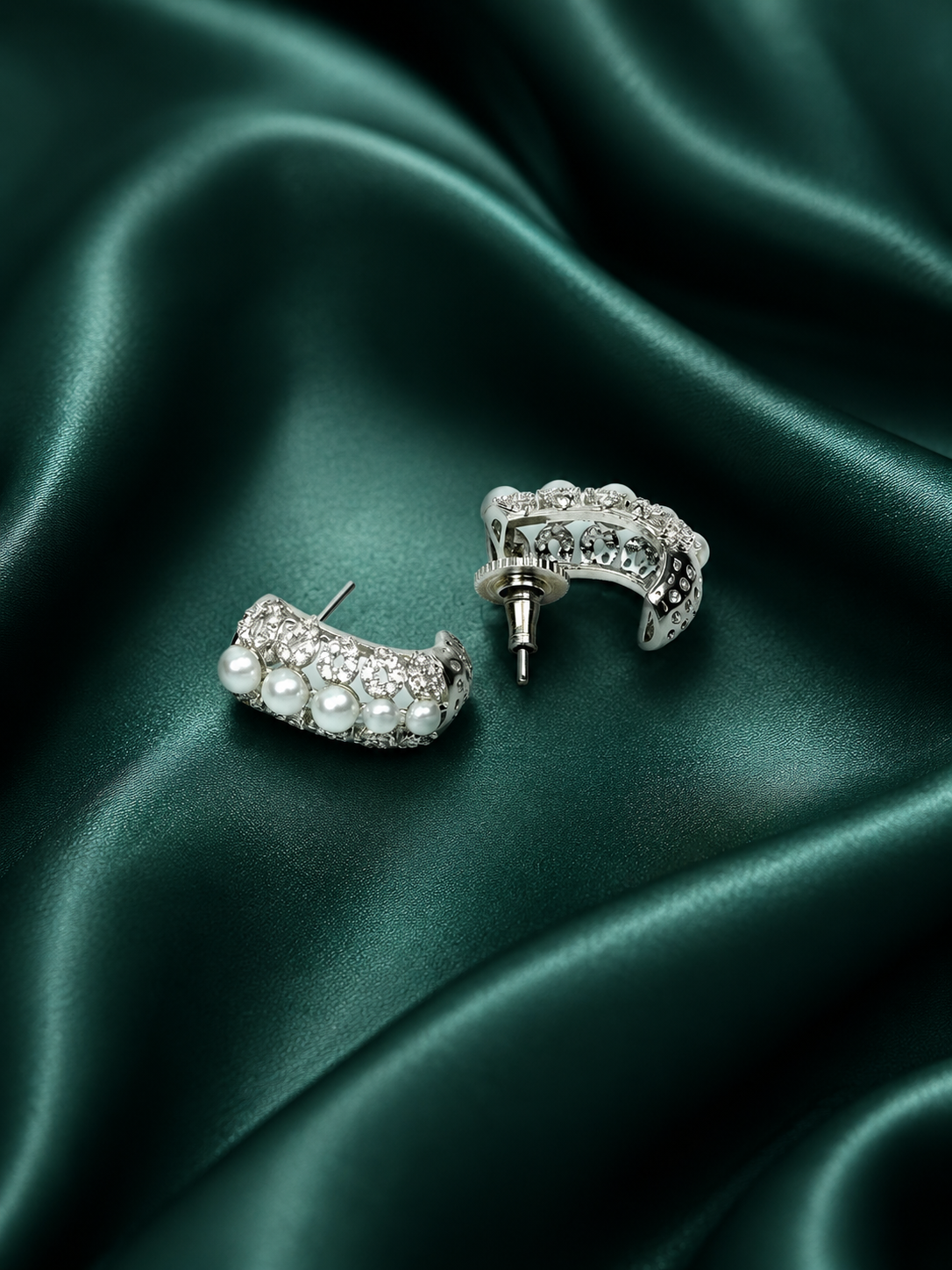 Zevar Club Rhodium-Plated Handcrafted Cubic Zirconia & Pearl Studded Huggie Hoop Earrings