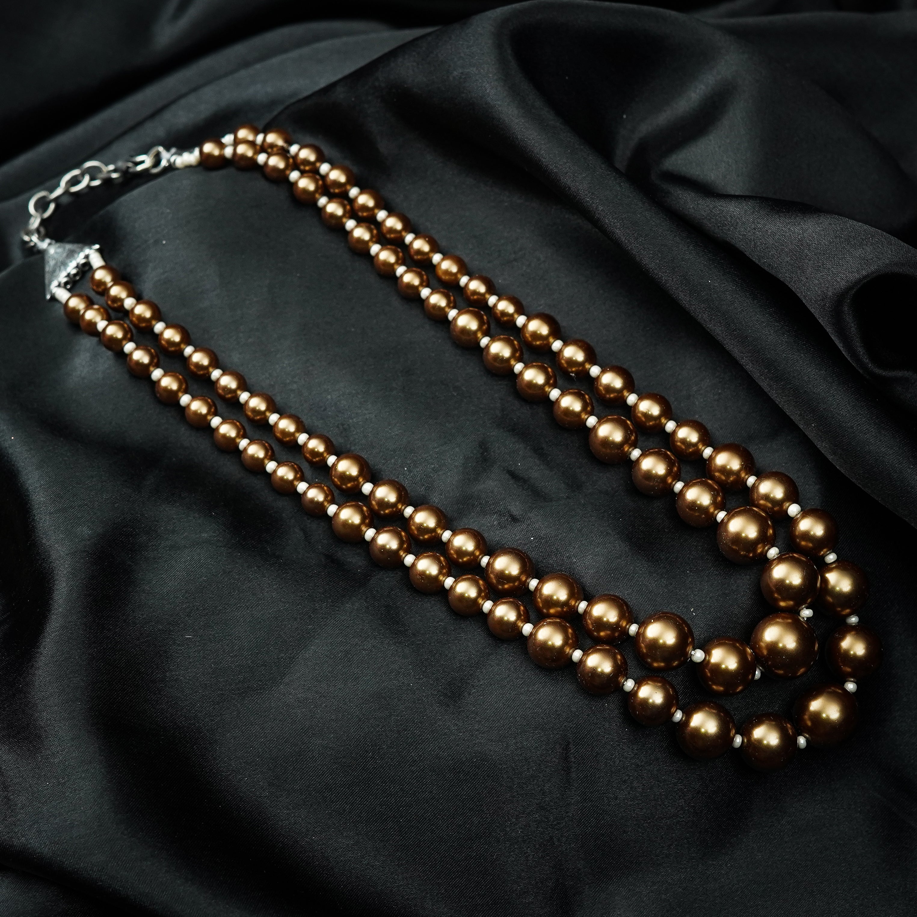 Zevar Club Metallic White, Brown, Grey Glossy Pearl Double Layer Royal Statement Necklace