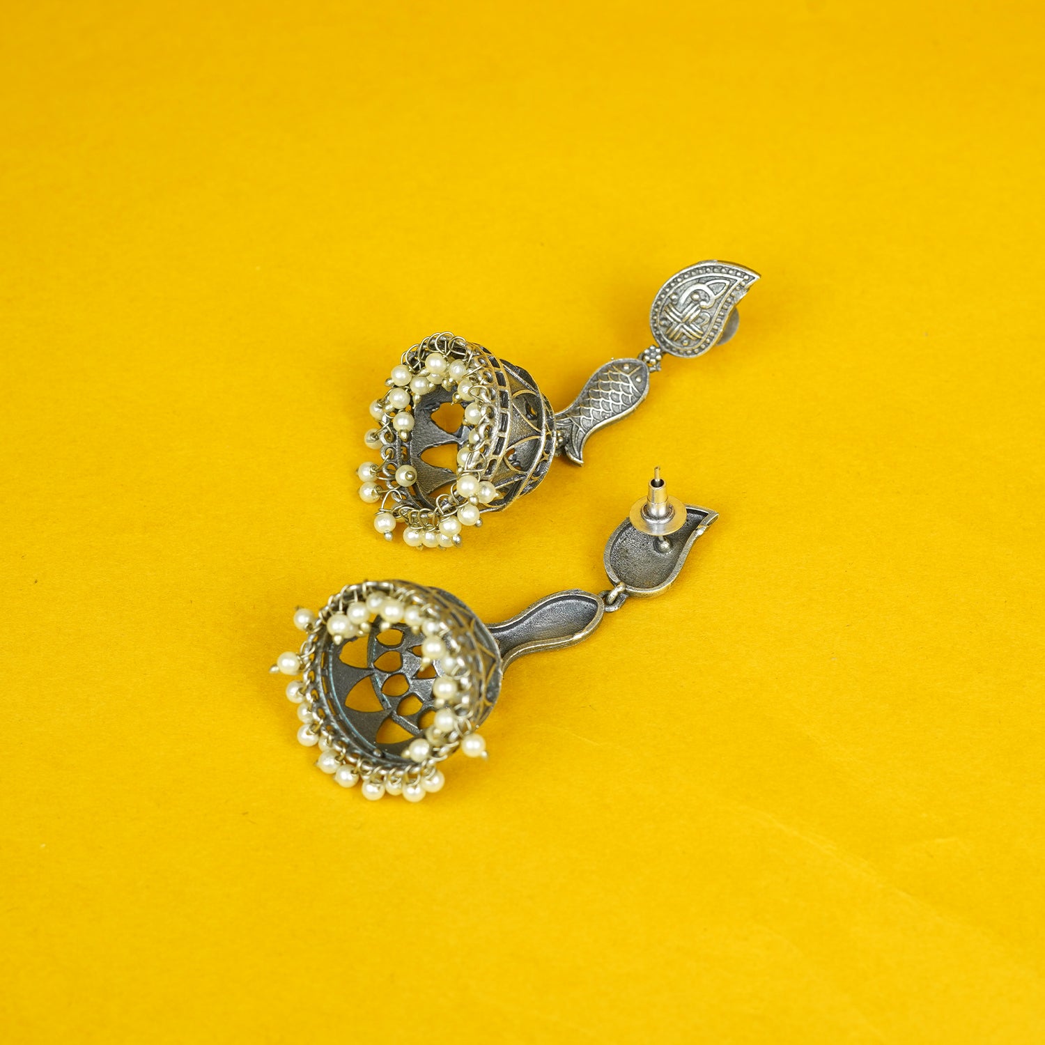 Zevar Club Oxidised Silver-Plated Dome-Shaped Handcrafted Jhumka Earrings with White Pearl Beads