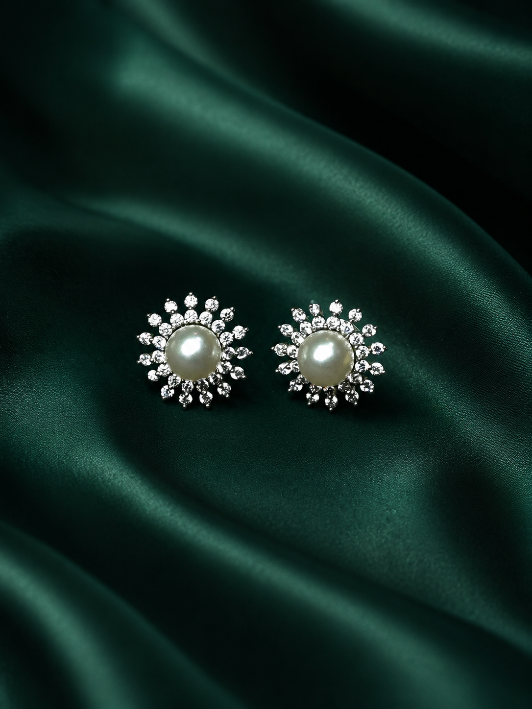 Zevar Club 18K Gold-Plated White Pearl & Cubic Zirconia Floral Stud Earrings in Silver Tone