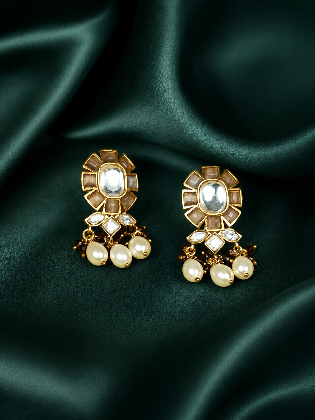 Zevar Club White Kundan Studded Floral Handcrafted Choker Necklace Set with White Pearl Beaded Strands & Drop Earrings