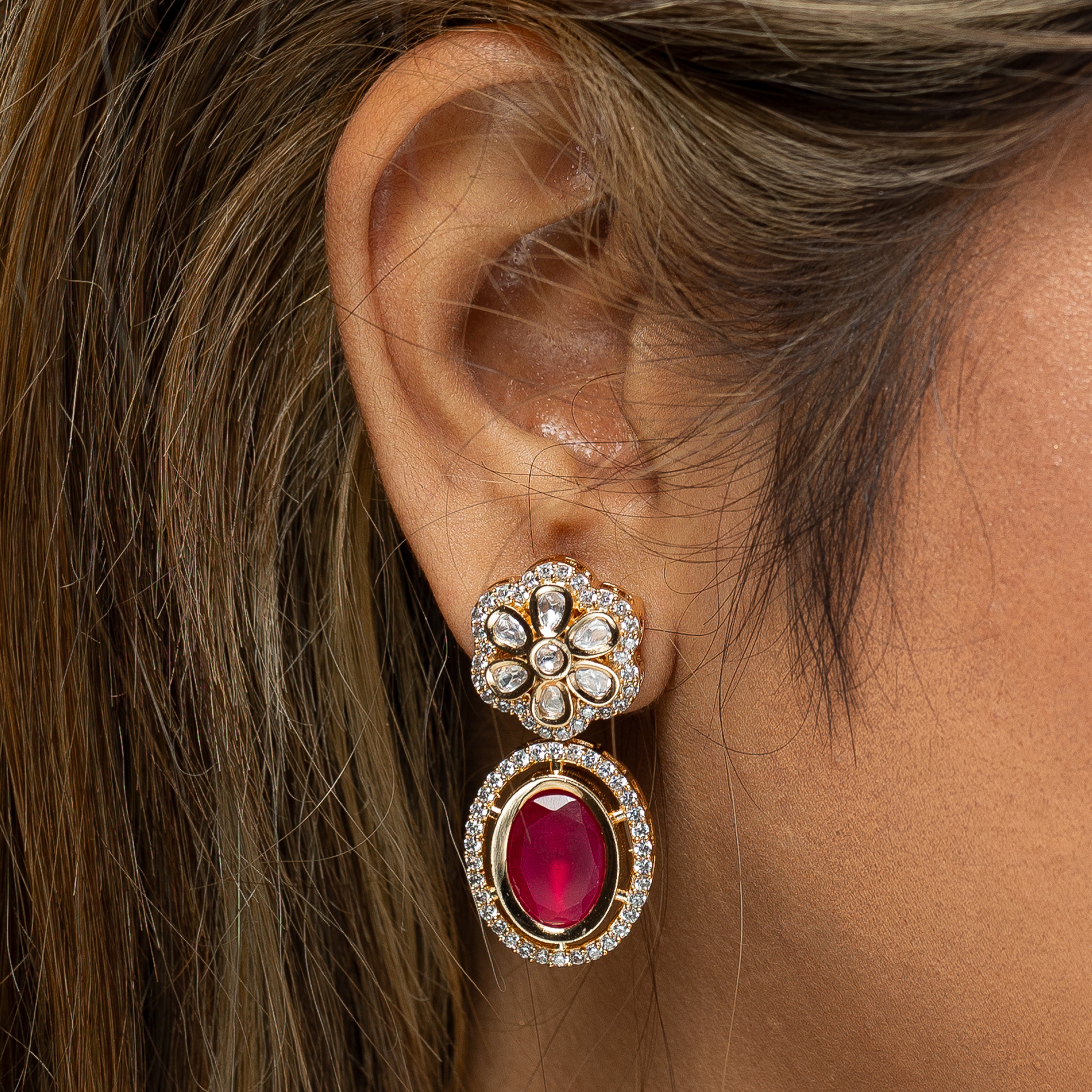 Zevar Club Flower Shaped Kundan Drop Earrings