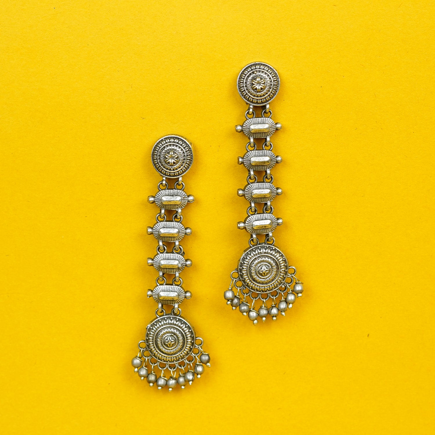 Zevar Club Oxidised Silver-Plated Circular and Rectangular Linked Statement Earrings with Bead Detailing