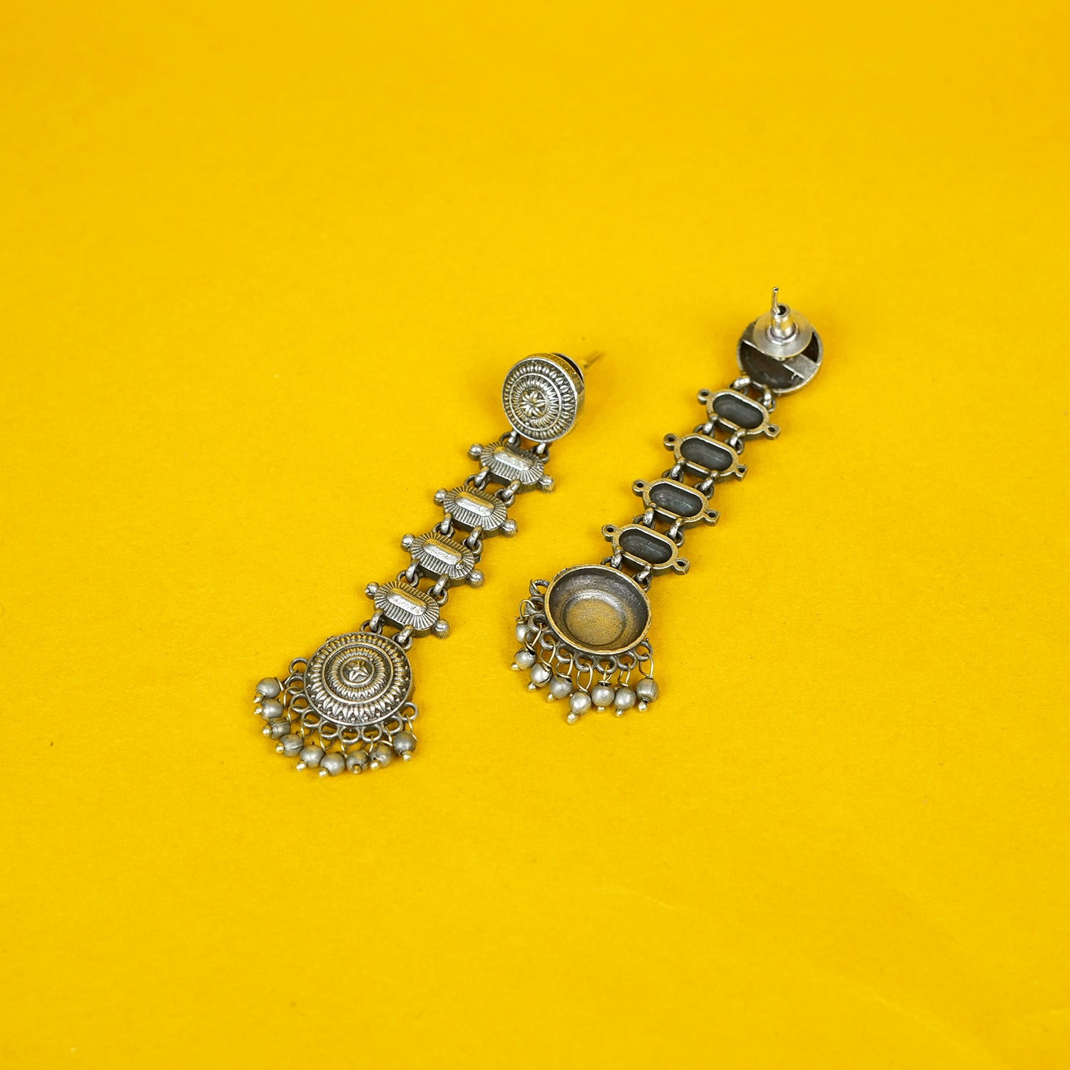 Zevar Club Oxidised Silver-Plated Circular and Rectangular Linked Statement Earrings with Bead Detailing