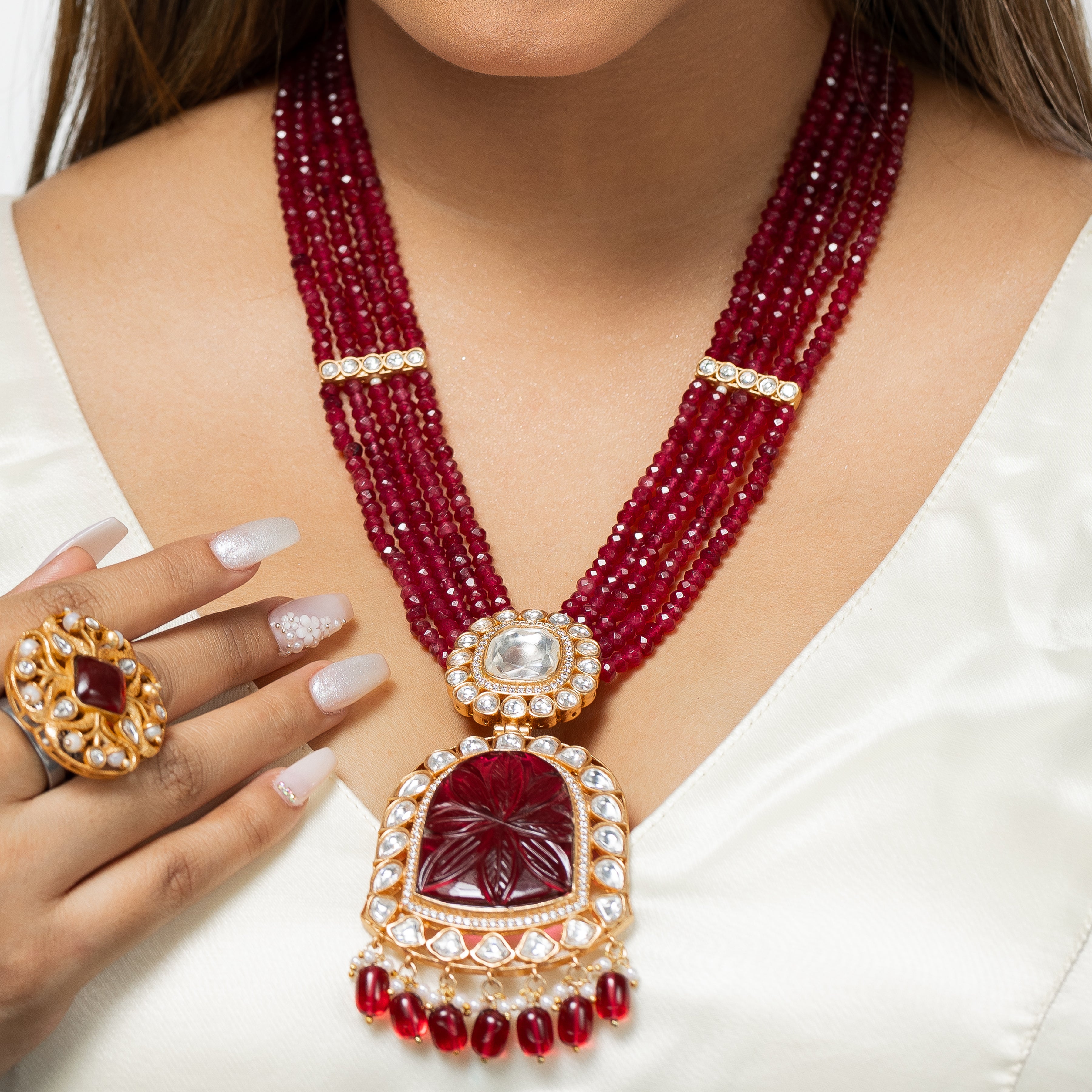 Ruby Five Layered Moissanite Kundan Set