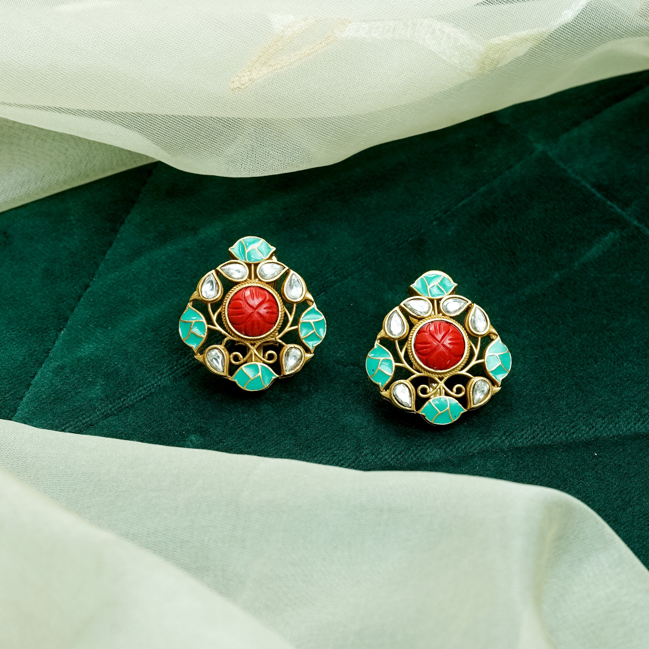 Turquoise Blue and Red Antique Gold Studs