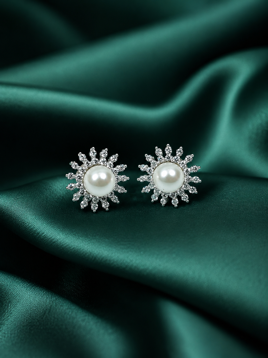 Zevar Club Rhodium-Plated White Pearl & Cubic Zirconia Floral Stud Earrings in Gold Tone