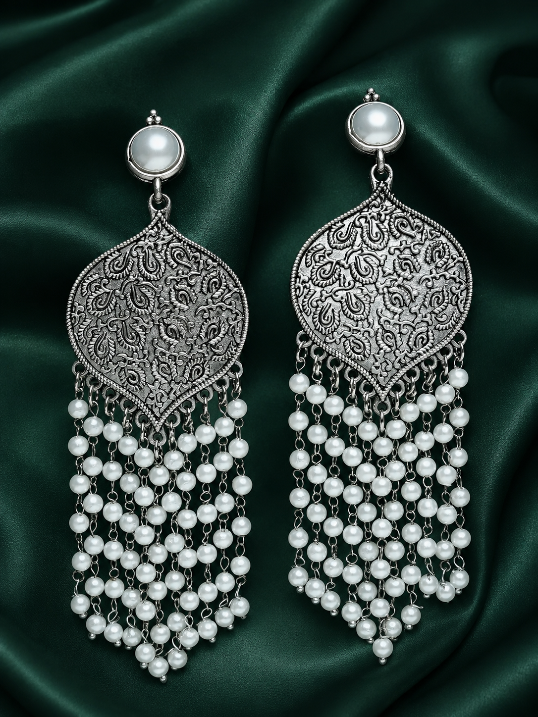 Zevar Club Oxidised Silver-Toned Statement Chandelier Earrings with Multilayer Pearl Beads