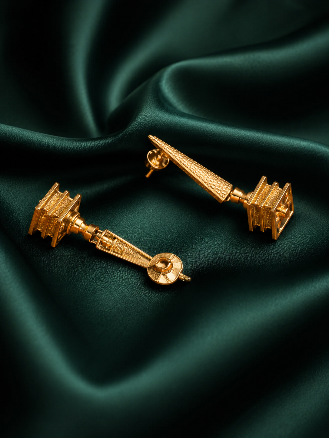 Zevar Club Gold-Toned Brass Statement Drop Earrings with Temple Tower Inspired Sculpted Design