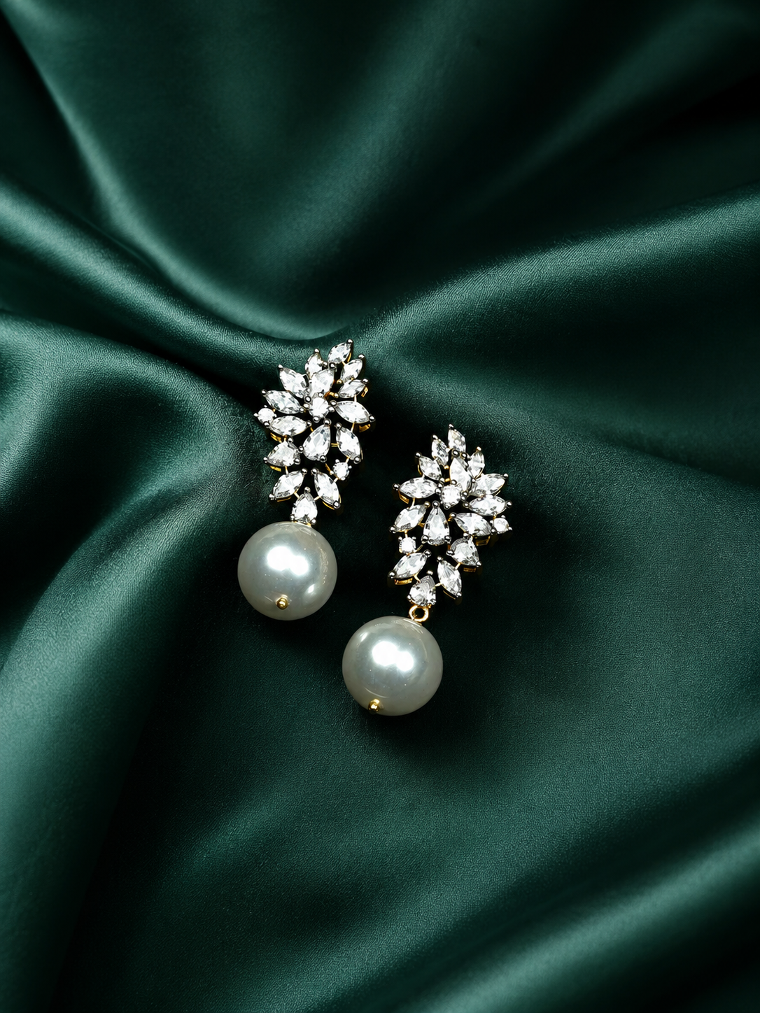 Zevar Club 22K Gold-Plated Handcrafted Cubic Zirconia & Pearl Studded Leaf Design Earrings