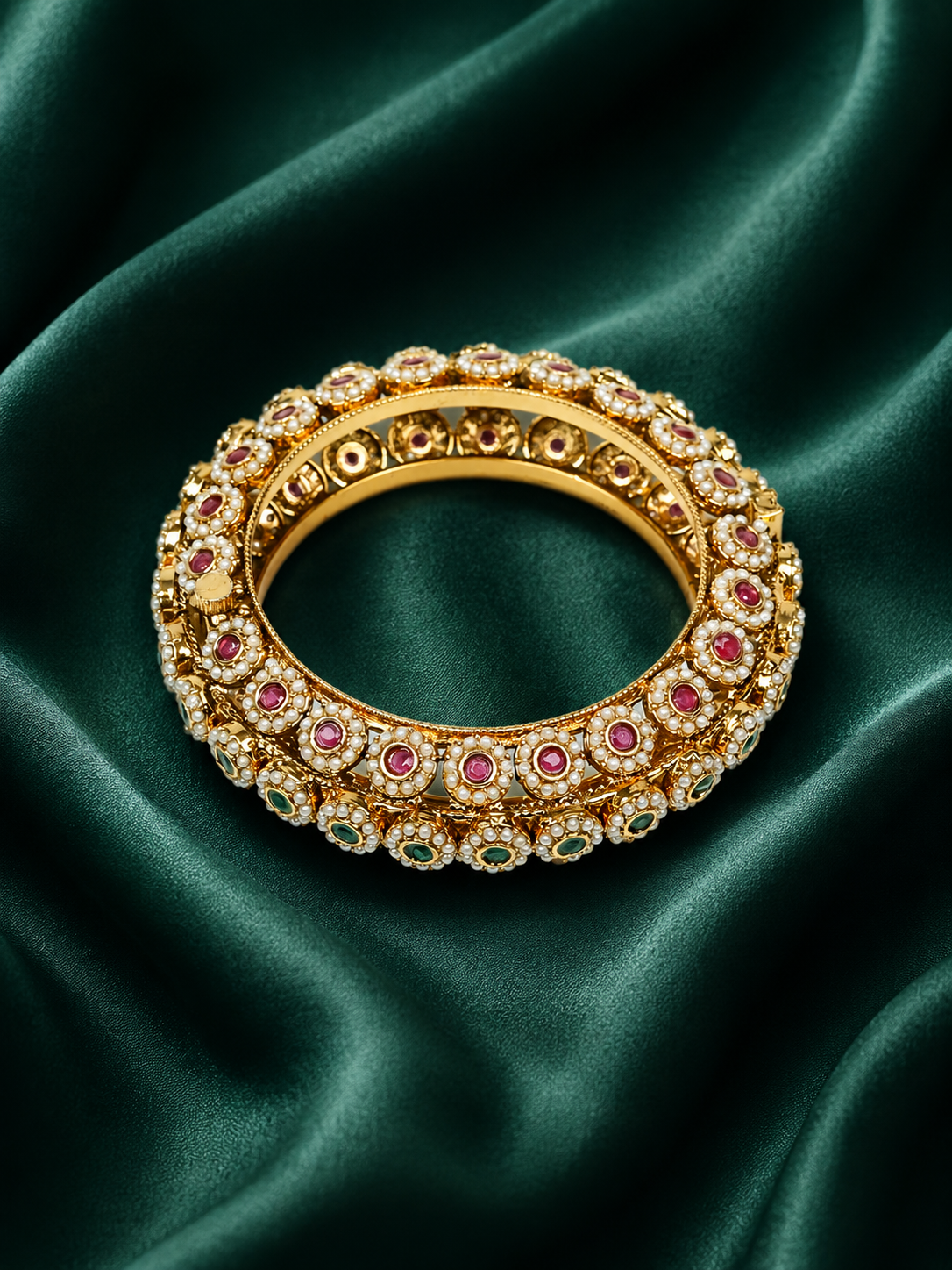 Zevar Club Gold Tone Ruby Red & Emerald Green Stone Studded Pearl Beaded Handcrafted Bracelet for Women