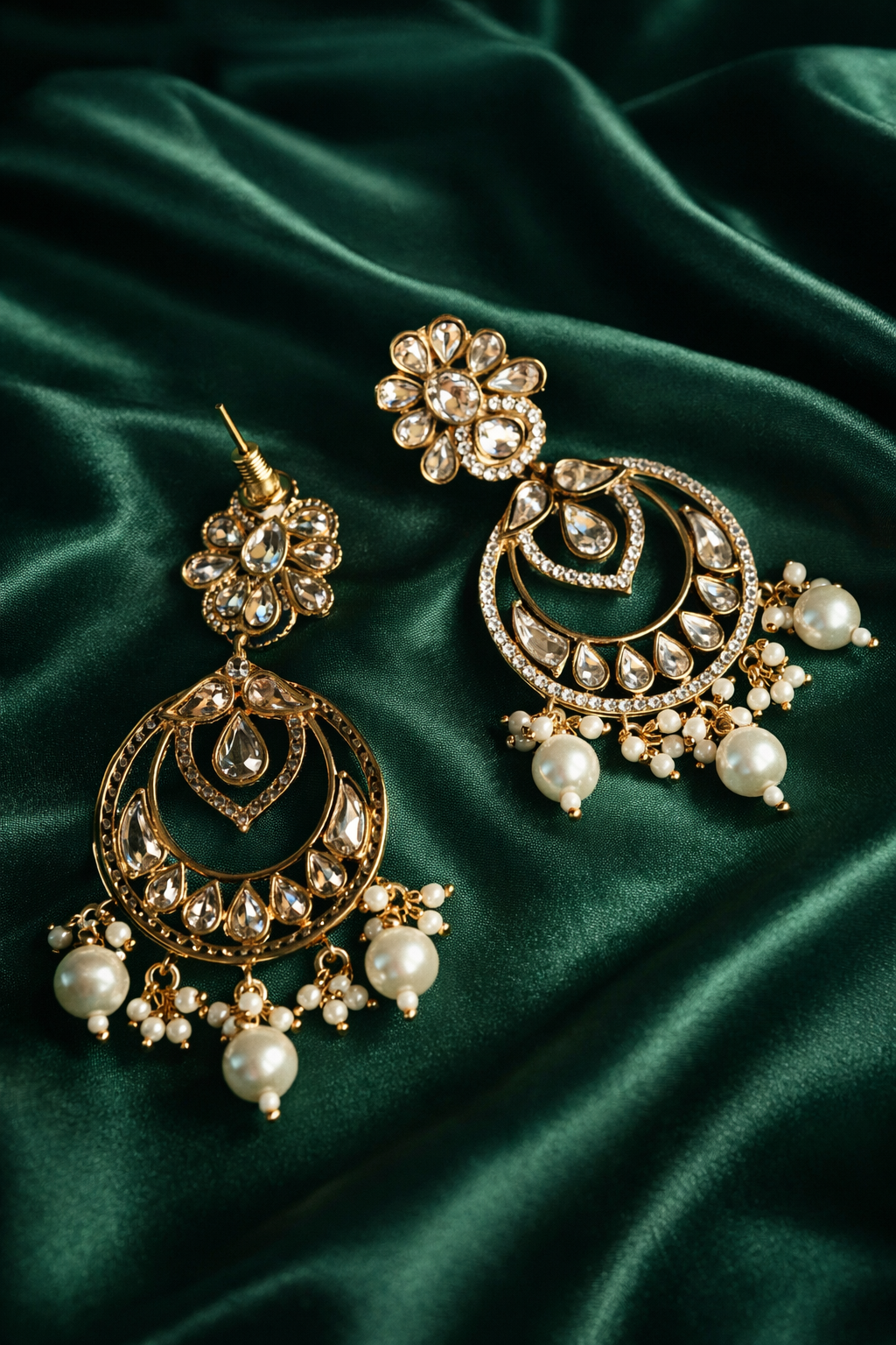 Festive Traditional Kundan Chandbali Earrings With Pearls