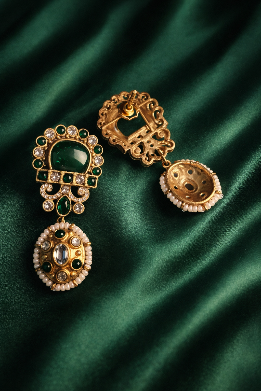 Bridal Inspired Emerald Kundan Pearl Drop Earrings