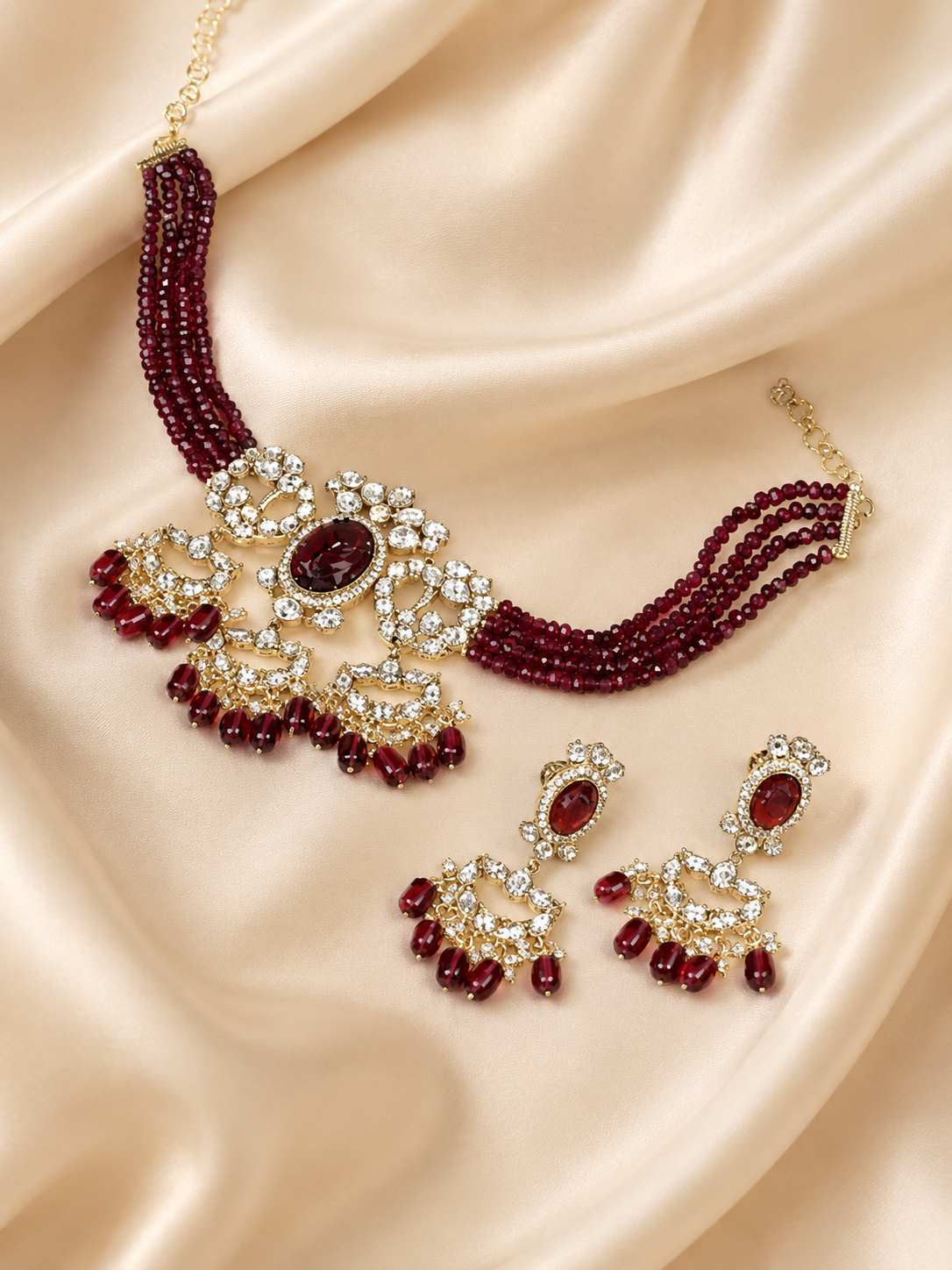 Zevar Club Maroon Beaded Choker Necklace Set with White Kundan & Maroon Stone Studded Pendant and Matching Earrings for Women
