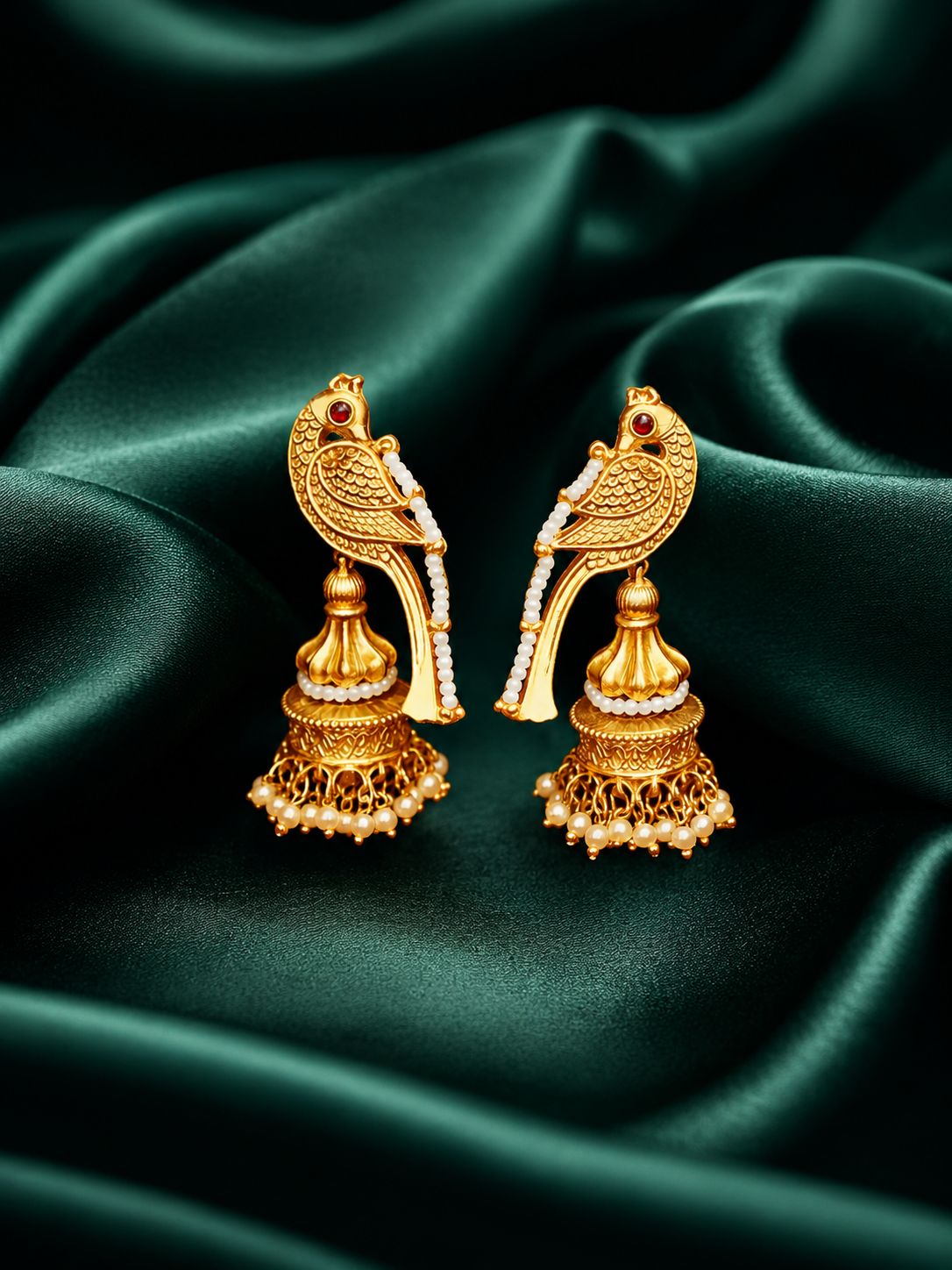 Zevar Club 18K Gold-Plated Bird Motif Ethnic Jhumka Earrings with White Pearl Beads & Dome Drop