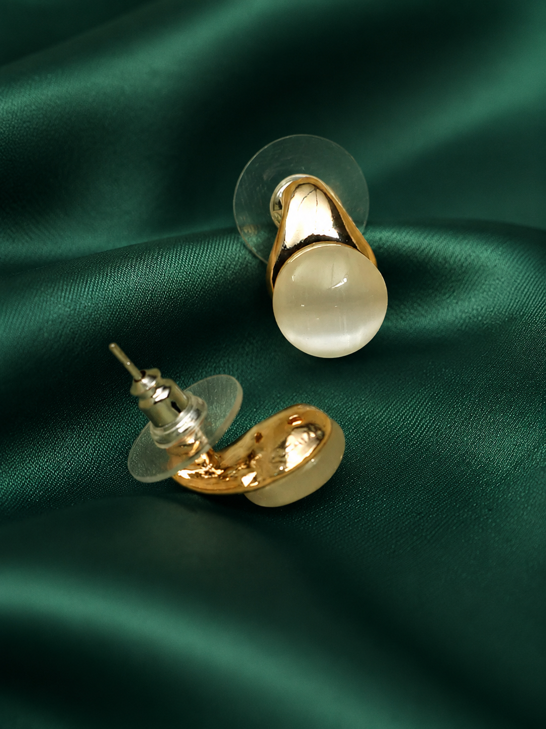 Zevar Club Silver Tone and White Stone Studded Stud Earrings with Glossy Curved Top for Women