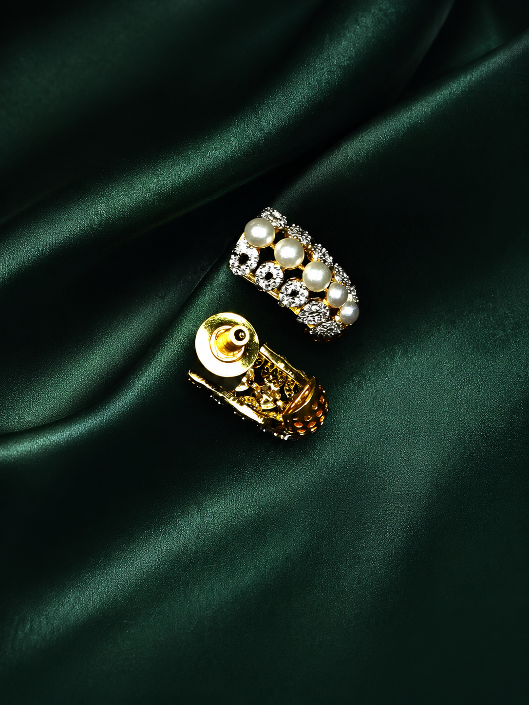 Zevar Club 22K Gold-Plated Handcrafted Cubic Zirconia & Pearl Studded Huggie Hoop Earrings