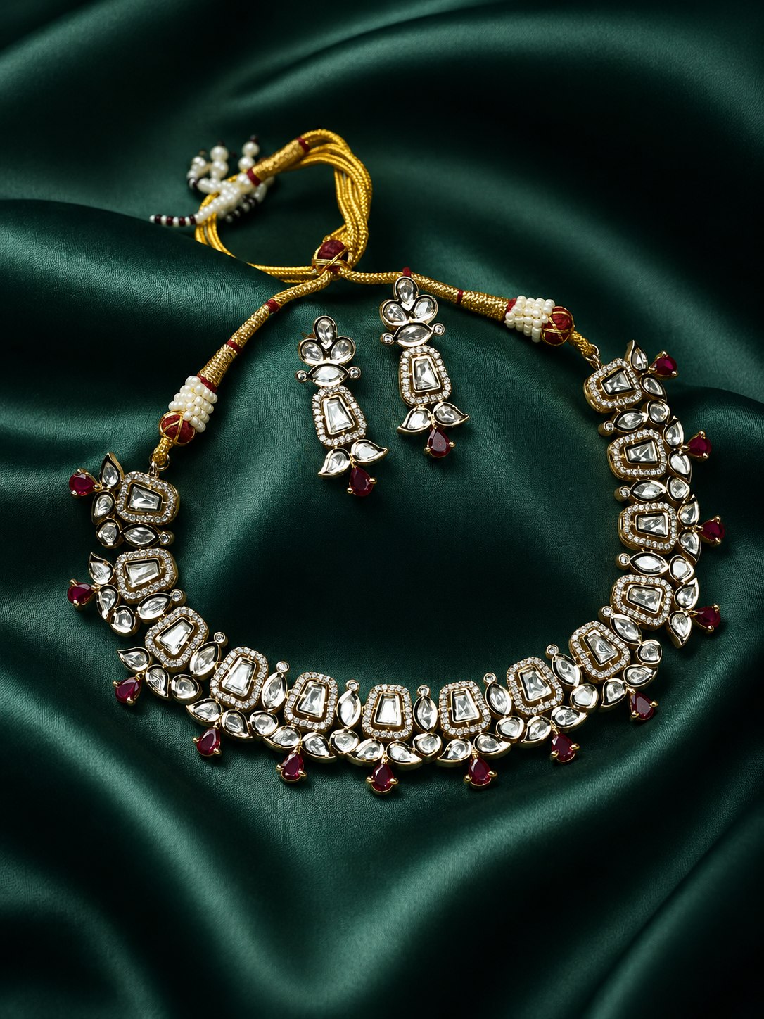 Zevar Club 22K Gold-Plated White Kundan & Ruby Pink Stone Studded Cubic Zirconia Accents Bridal Statement Necklace Set