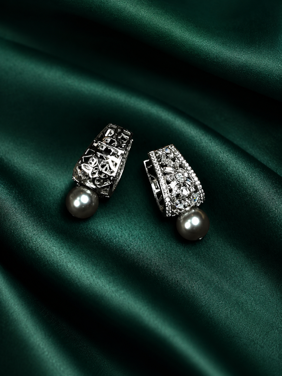 Zevar Club Rhodium-Plated Handcrafted Cubic Zirconia & Black Pearl Drop Earrings