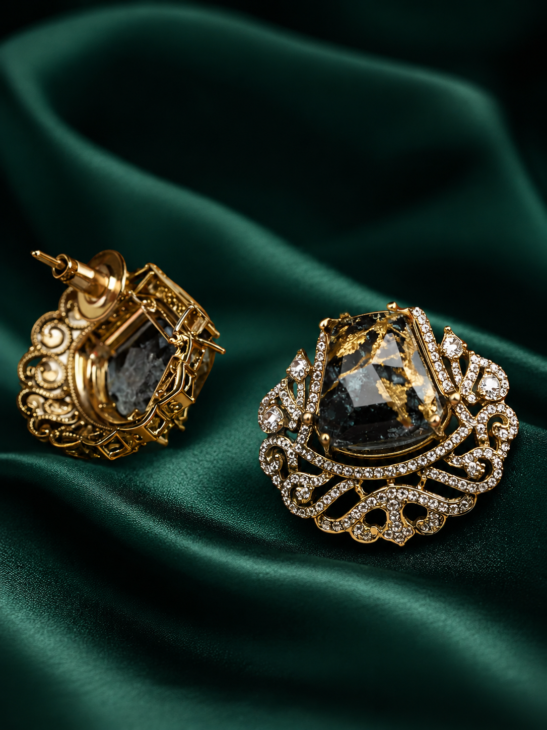 Zevar Club Gold-Tone Smoky Black Stone & AAA Cubic Zirconia Statement Stud Earrings