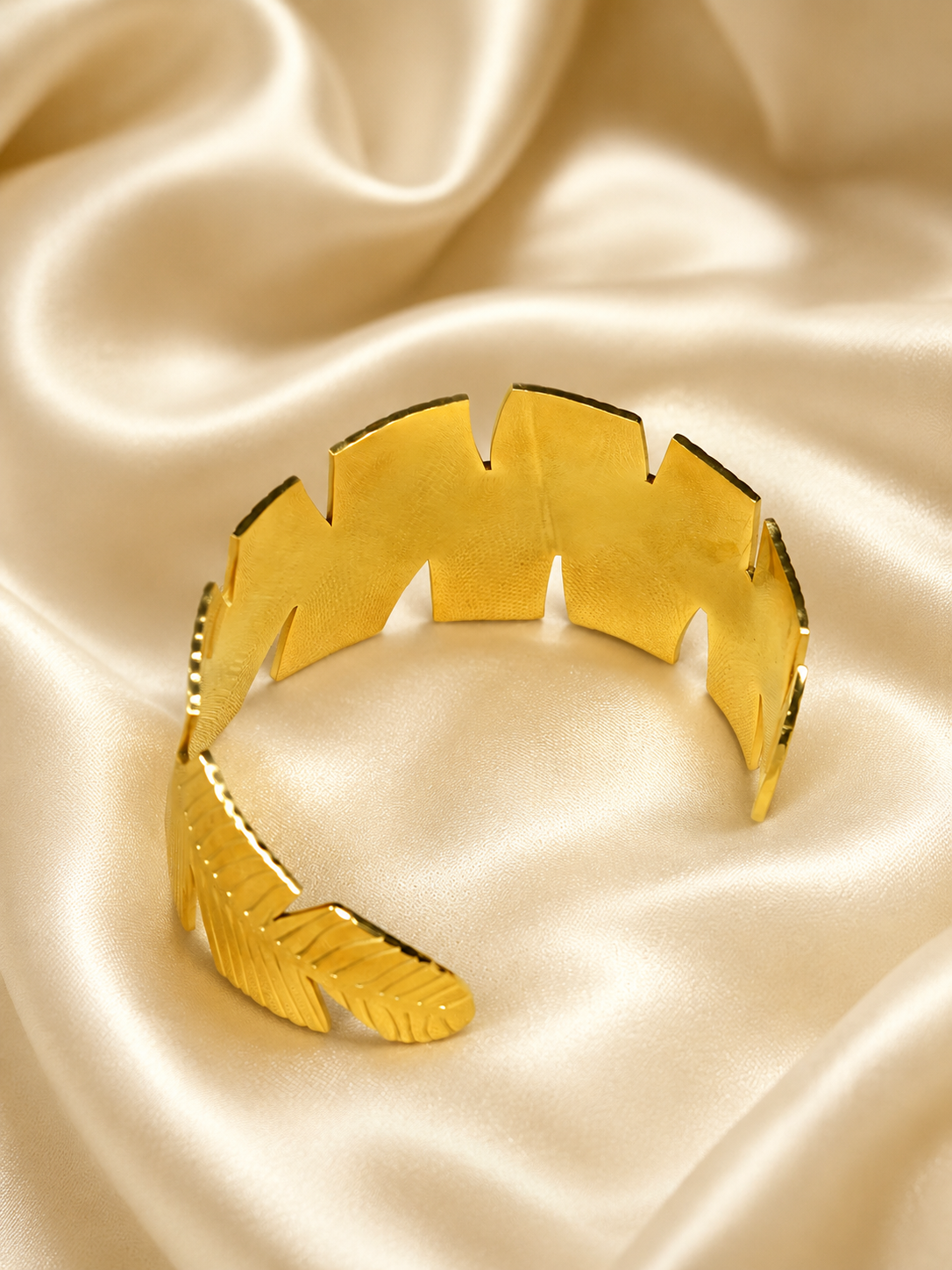 Zevar Club Gold Tone Stainless Steel Tarnish Free Waterproof Leaf-Edged Textured Open Cuff Bracelet for Women