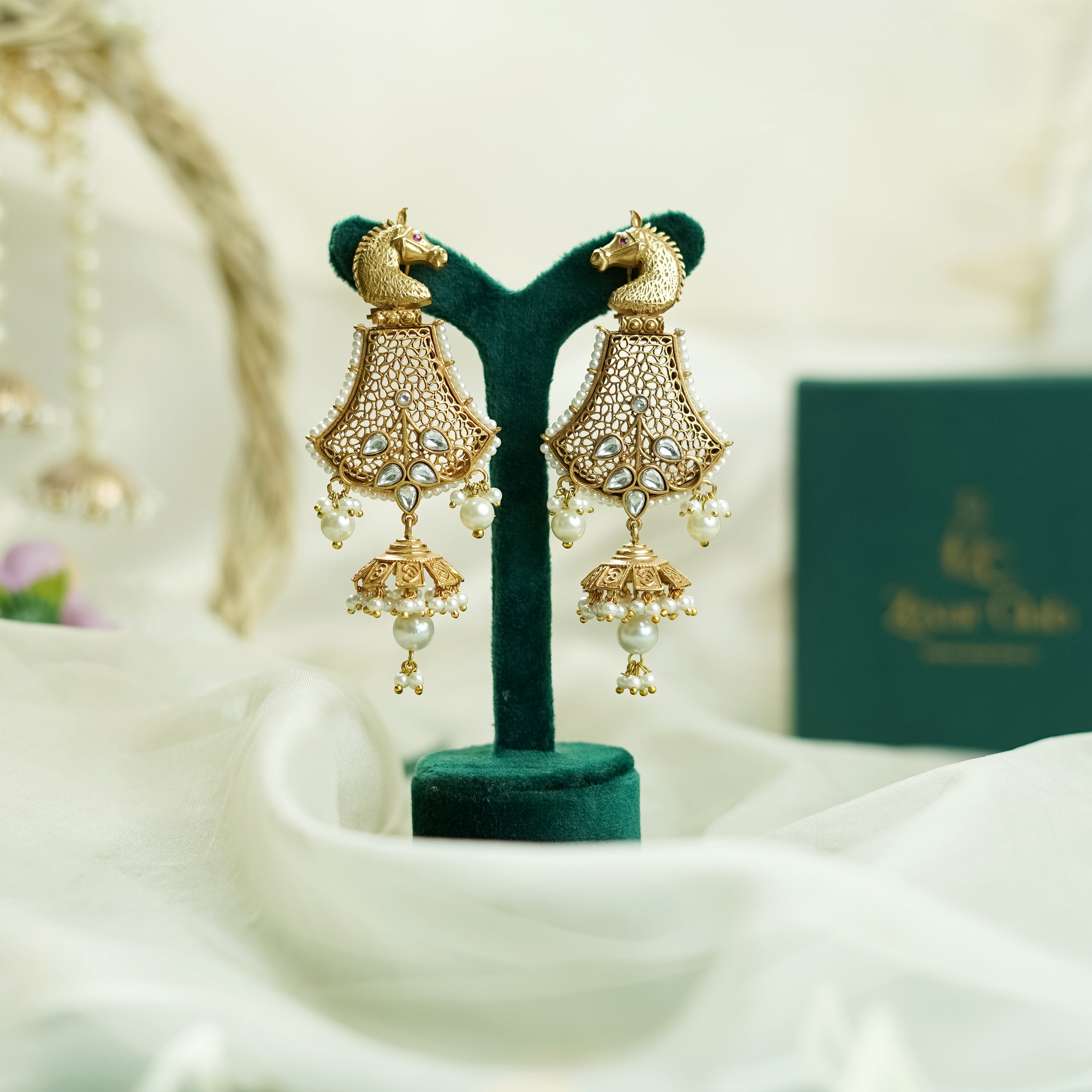 Horse Shaped Antique Gold Pearl Jhumkis
