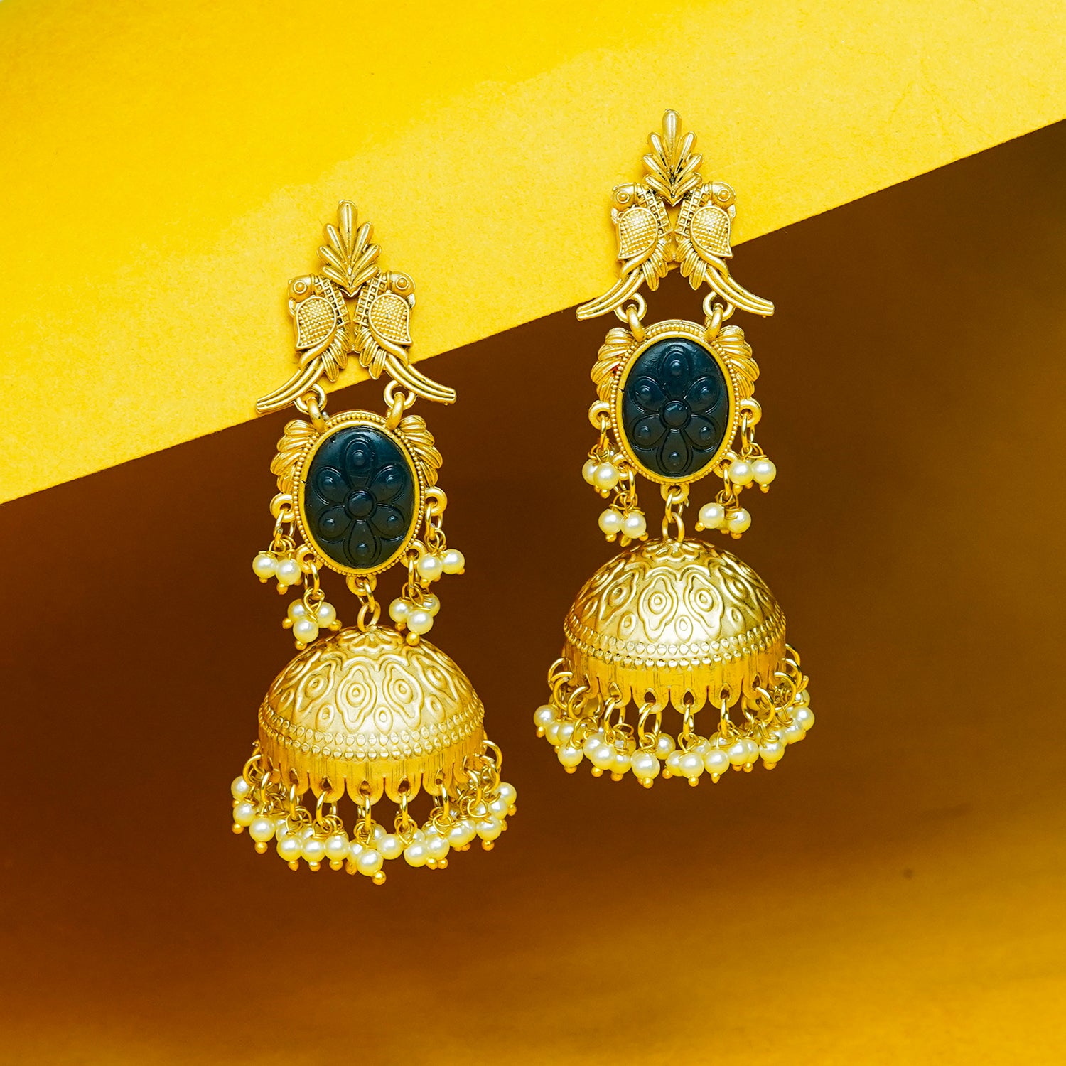 Zevar Club 22K Gold-Plated Green Carved Stone Jhumka Earrings with Bird Motif & Pearls Drops
