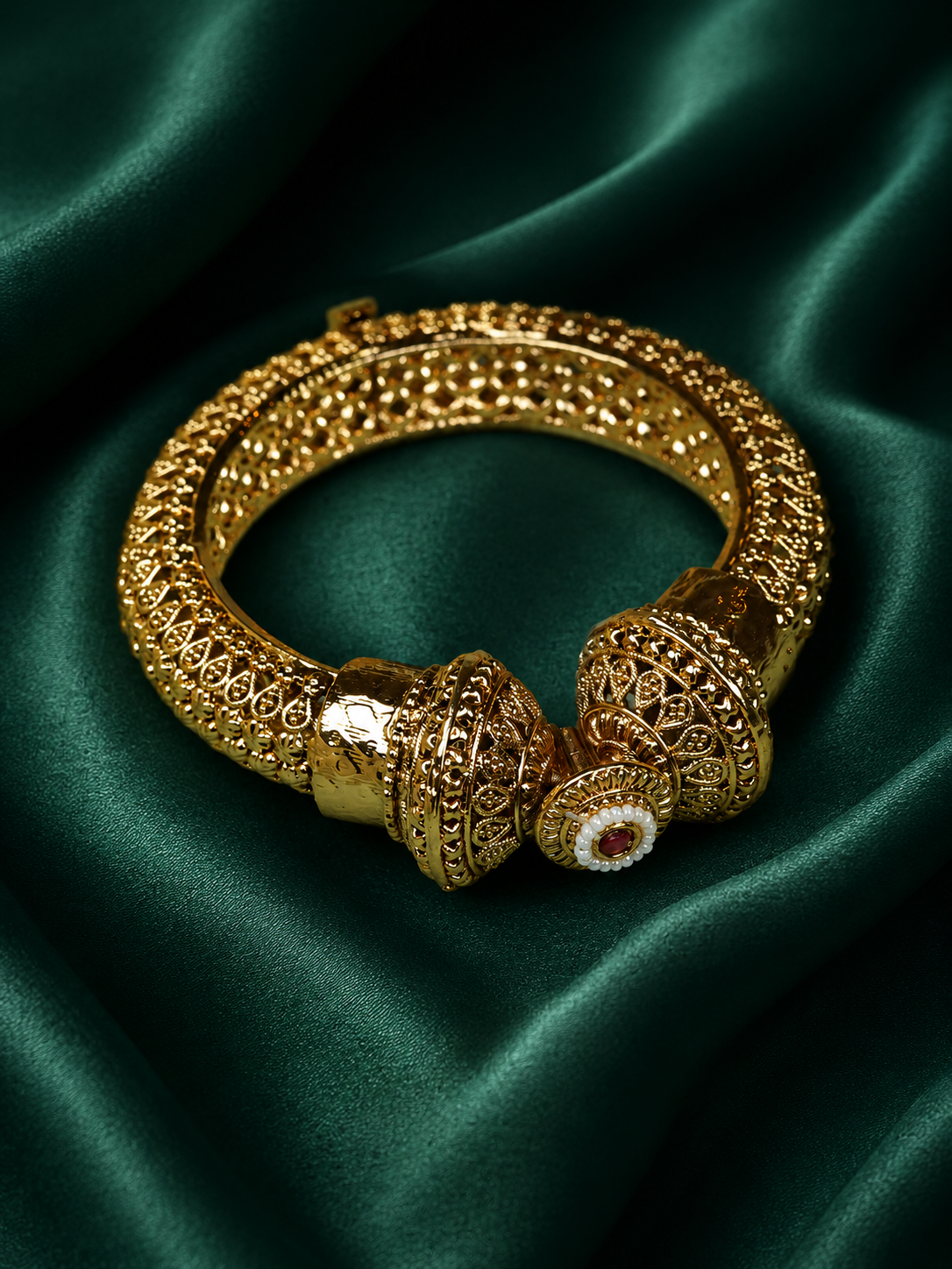 Zevar Club 18K Gold Plated Handcrafted Rajwadi Kada Bangle with Dome Motif Ruby Red & White Stone Detailing