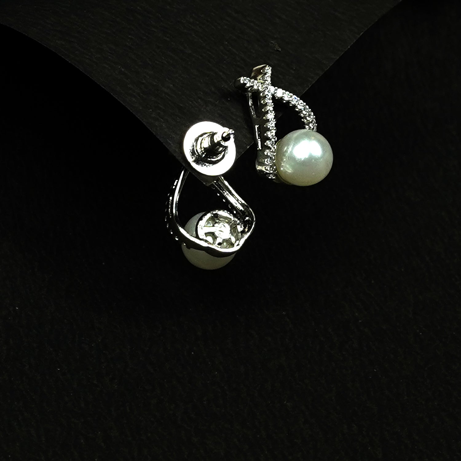 Zevar Club Rhodium-Plated Handcrafted Cubic Zirconia & White Pearl Loop Stud Earrings