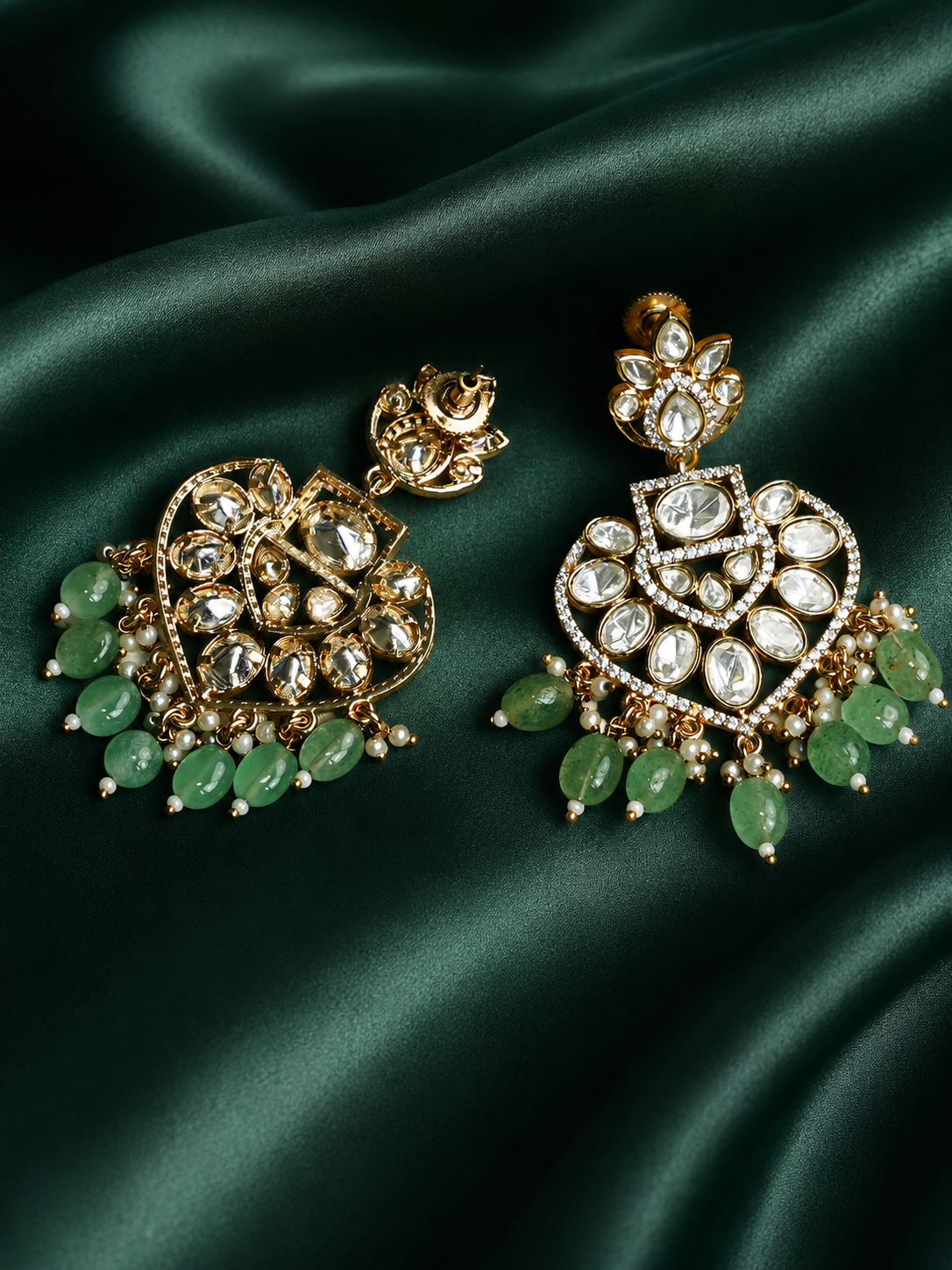 Sage Green Kundan Chandbaali Earrings