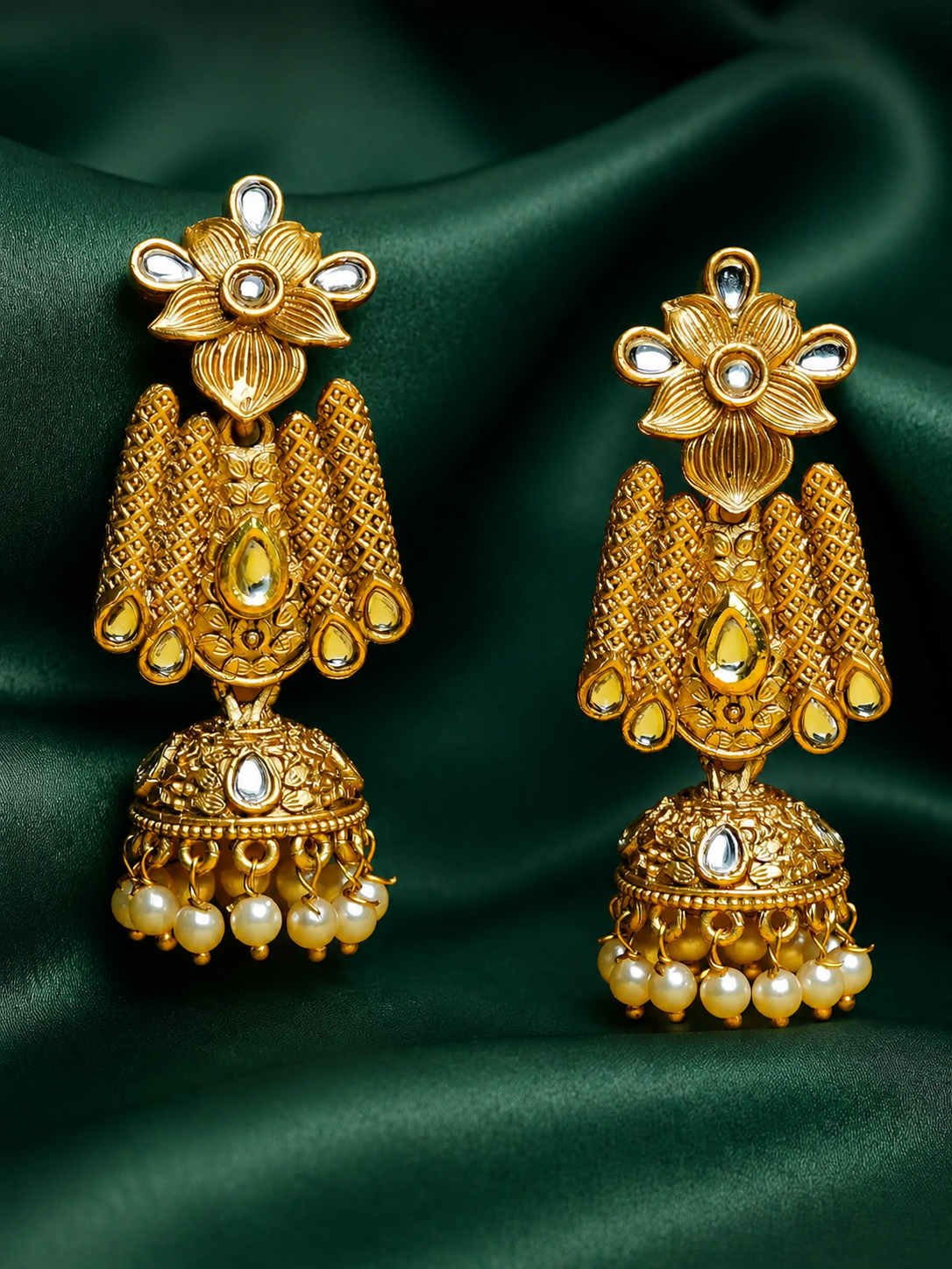 Zevar Club 18K Gold-Plated Red Kundan Stone Studded Floral Drop Earrings with Pearl Jhumka