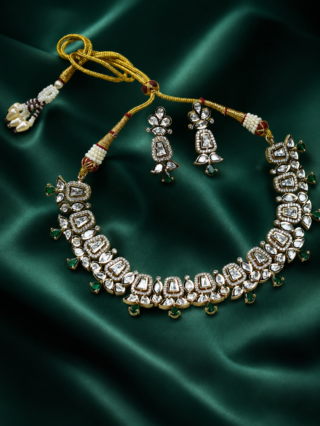 Zevar Club 22K Gold-Plated White Kundan & Emerald Green Studded Cubic Zirconia Accents Bridal Statement Necklace Set