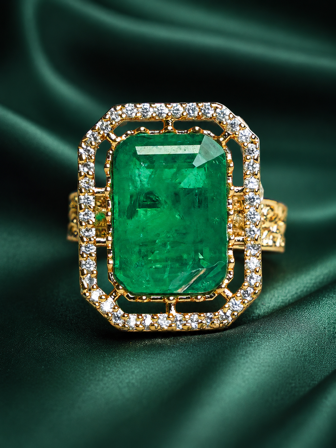 Zevar Club Gold-Toned Emerald Green & Cubic Zirconia Studded Royal Statement Adjustable Ring
