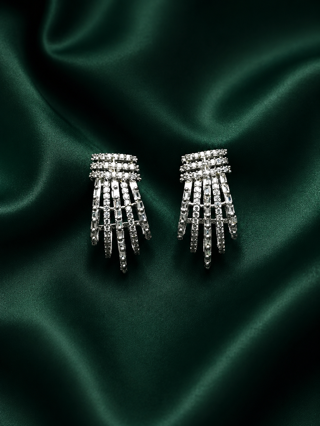 Zevar Club Rhodium-Plated Handcrafted Cubic Zirconia Studded Demi-Fine Layered Fringe Earrings
