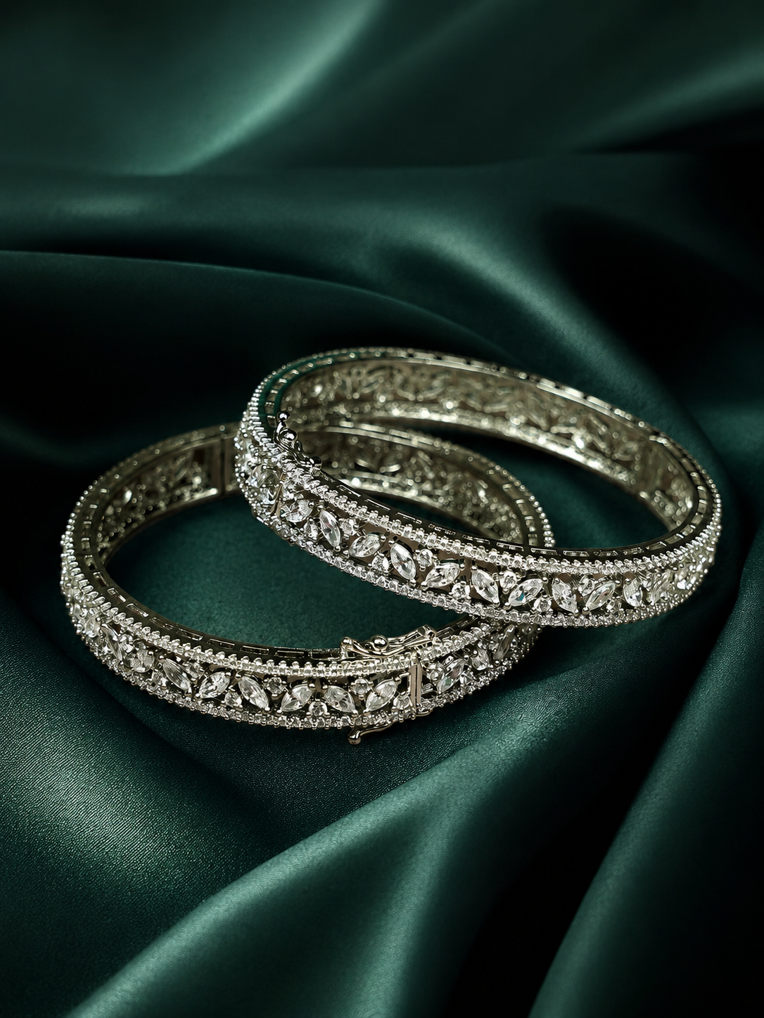 Zevar Club Set of 2 Rhodium-Plated Handcrafted AAA Cubic Zirconia Vine Motif Studded Premium Screw Adjustable Bangles
