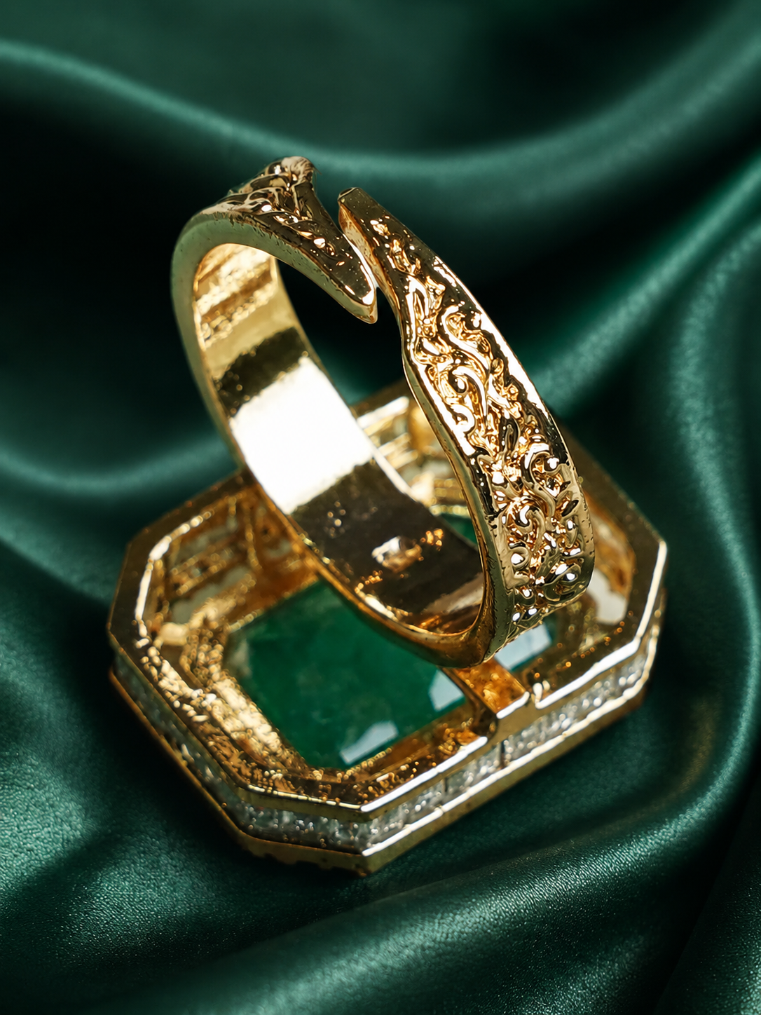 Zevar Club Gold-Toned Emerald Green & Cubic Zirconia Studded Royal Statement Adjustable Ring
