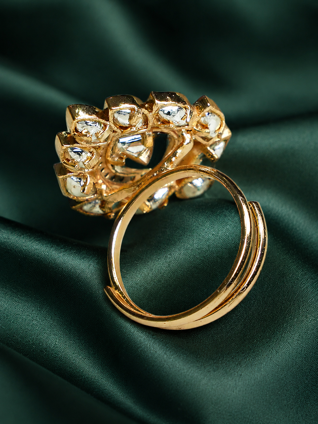 Zevar Club Gold-Toned White Kundan & Cubic Zirconia Studded Leaf Motif Adjustable Statement Ring
