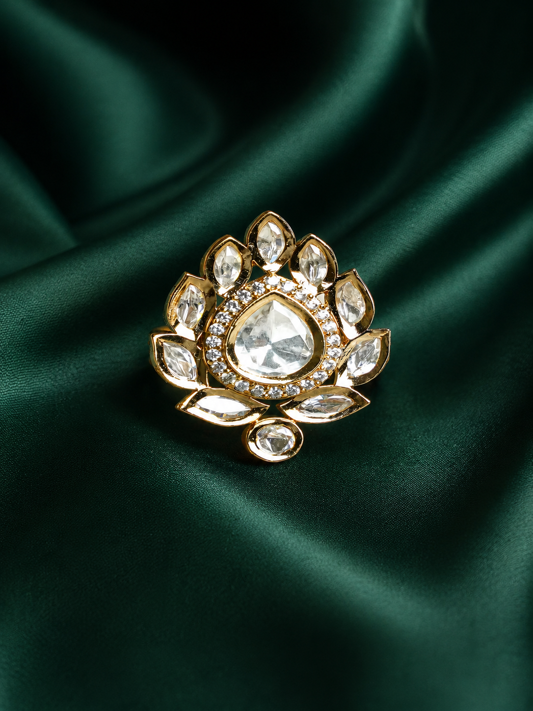 Zevar Club Gold-Toned White Kundan & Cubic Zirconia Studded Leaf Motif Adjustable Statement Ring