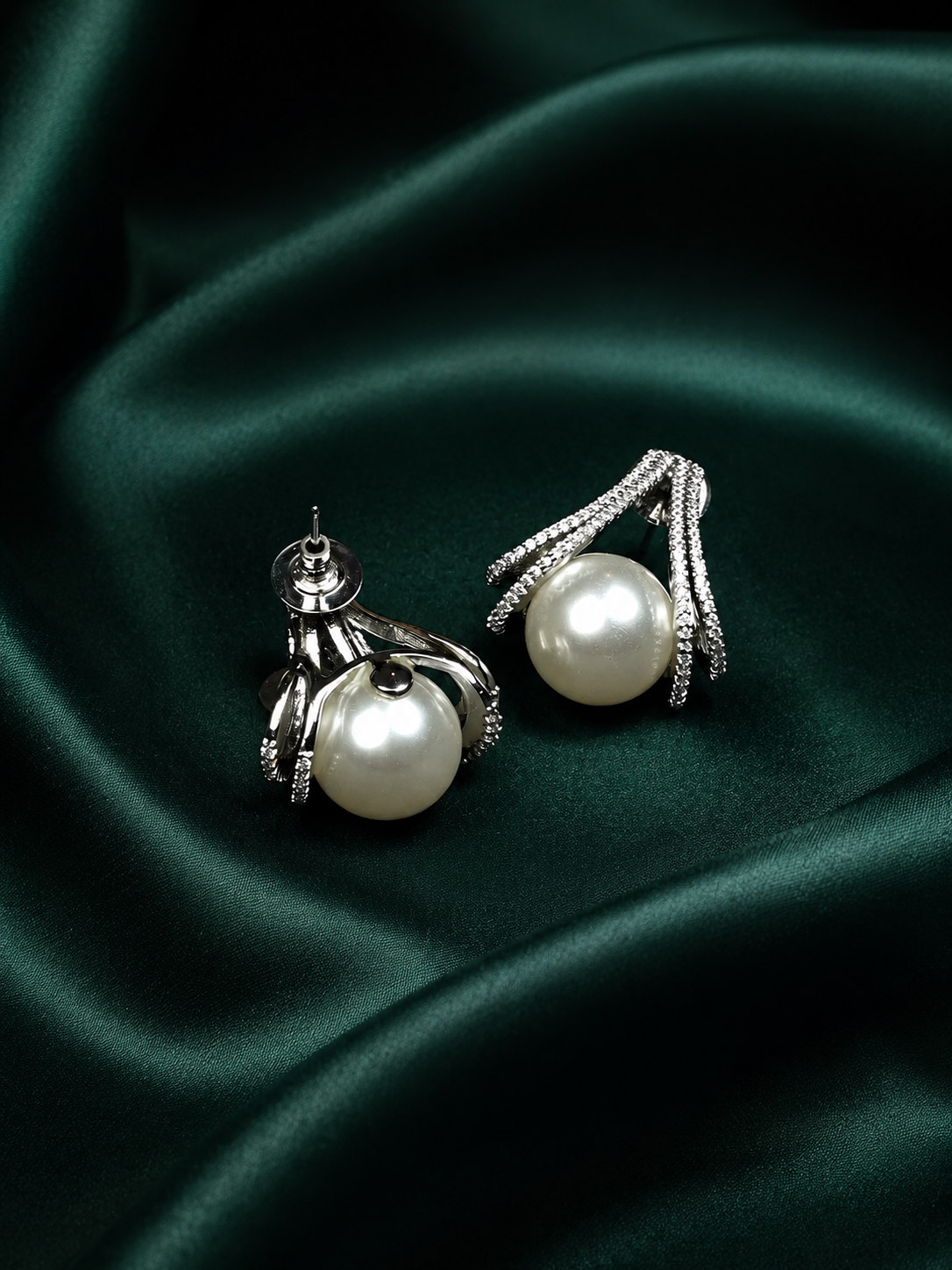 Zevar Club Rhodium-Plated Cubic Zirconia & White Pearl Sculpted Swirl Stud Earrings