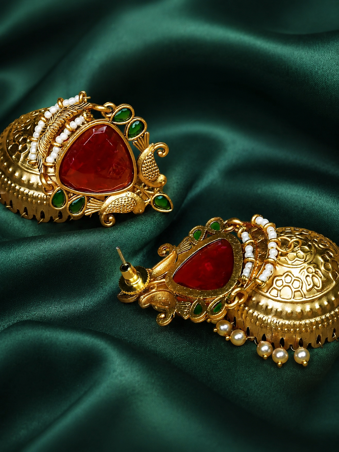 Zevar Club Brass Gold-Toned Bird Motif Ethnic Jhumka Earrings with Red Green Stones & Pearls