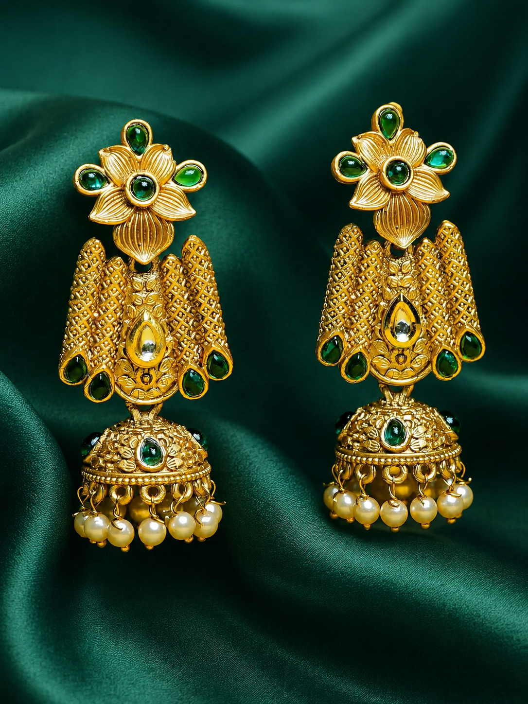 Zevar Club 18K Gold-Plated Green Kundan Stone Studded Floral Drop Earrings with Pearl Jhumka