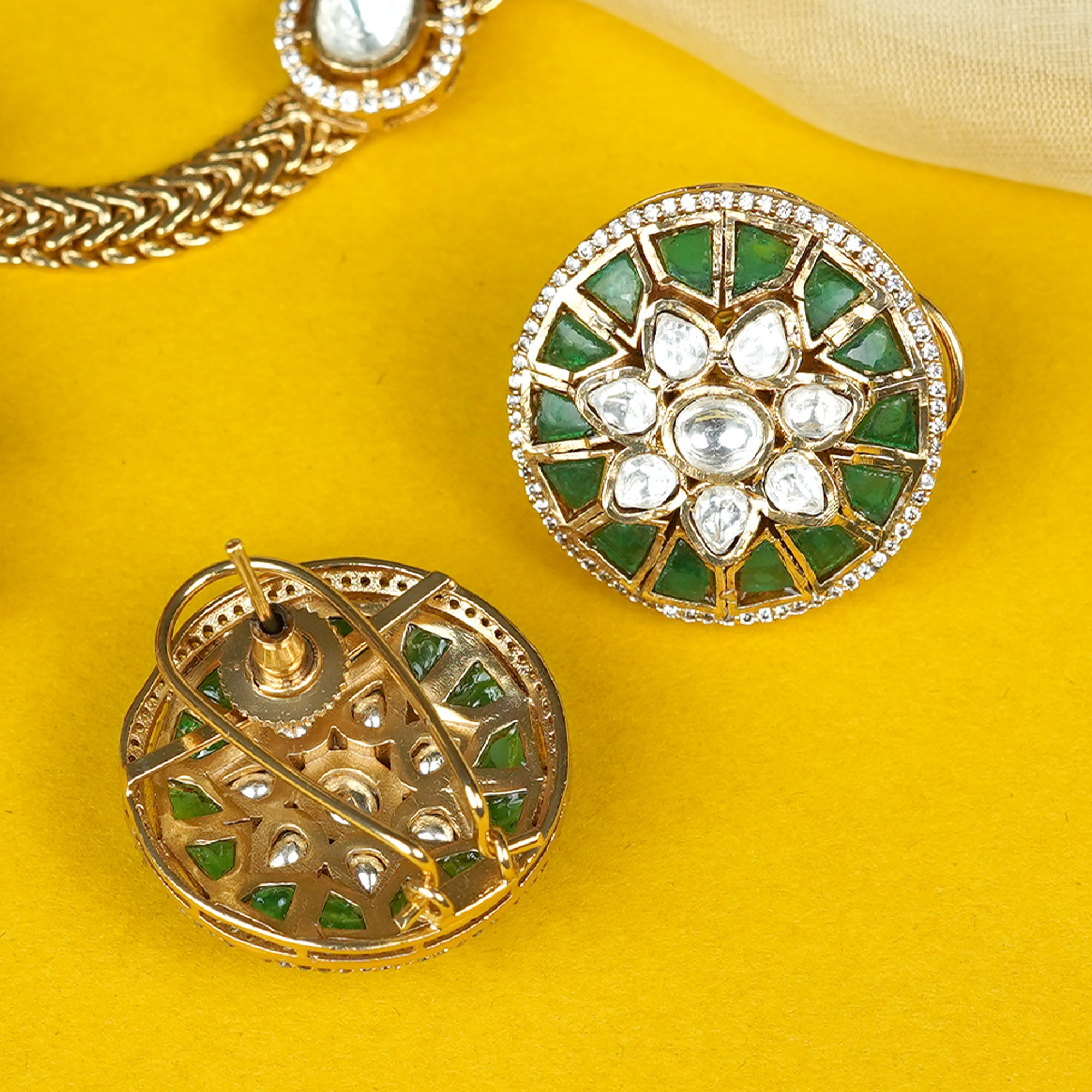 Zevar Club 24K Gold Plated White Kundan Studded Handcrafted Jewellery Set with Green Enamel Floral Pendant & Earrings for Women