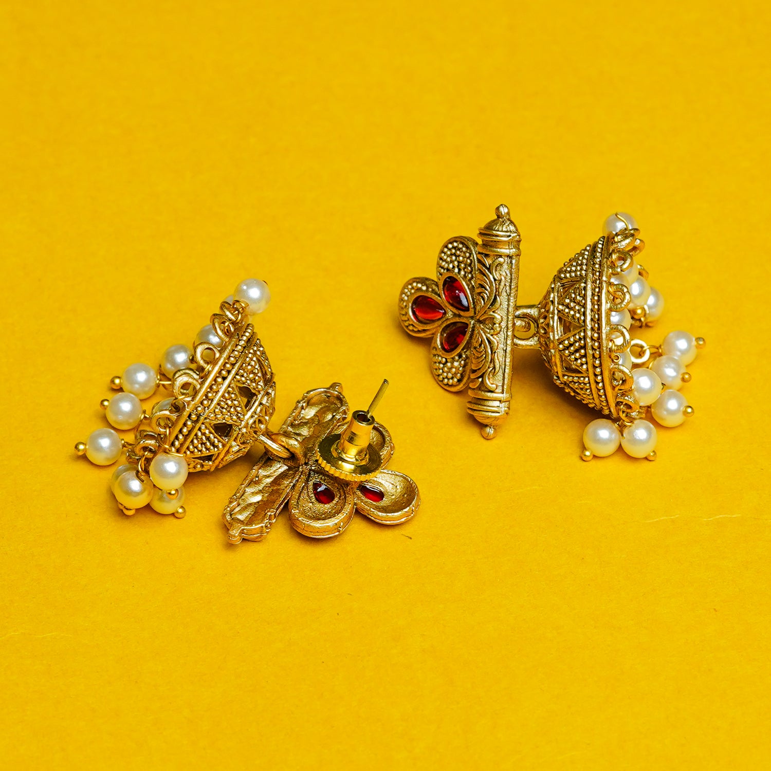 Zevar Club 18K Gold-Plated White Stone Studded Dome Jhumka Earrings with Pearl Danglers