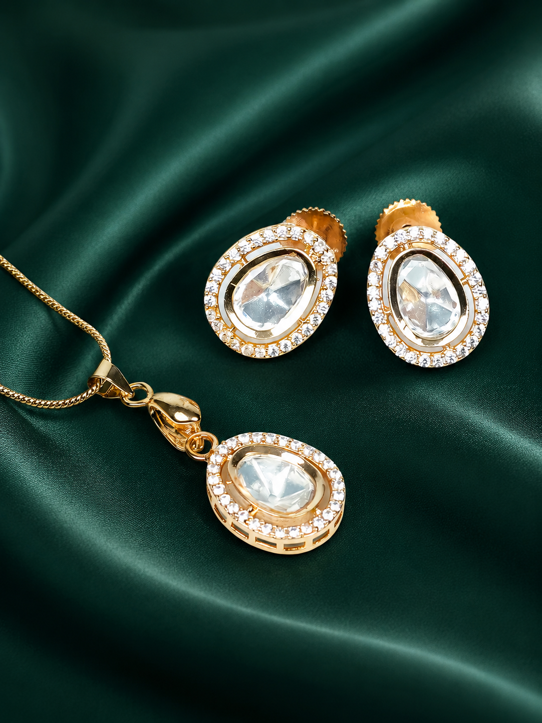 Zevar Club 22K Gold-Plated Oval-Shaped Cubic Zirconia Studded Pendant Necklace Set for Women