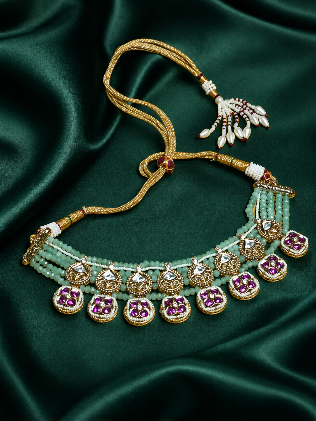 Zevar Club 22K Gold-Plated Aqua Blue Beaded & Purple Floral Kundan Statement Necklace Set