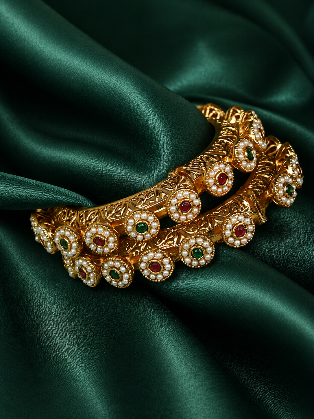 Zevar Club Set of 2 22K Gold-Plated Handcrafted Bangles with Ruby Emerald Kundan Floral & Pearl Accents