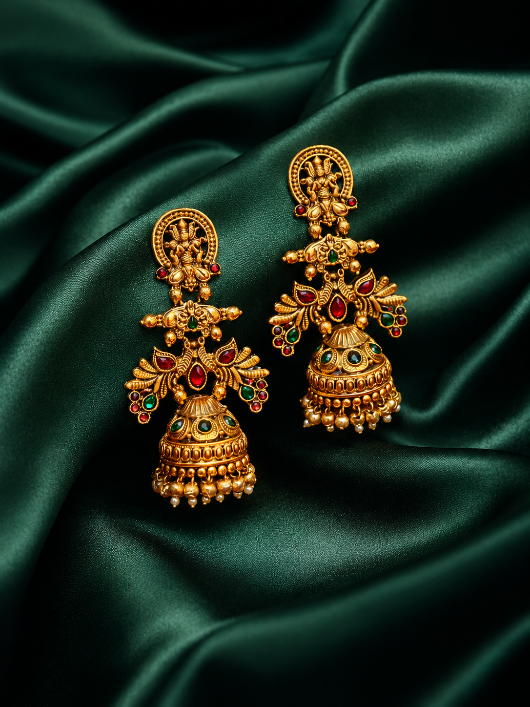 Zevar Club 22K Gold-Plated Lakshmi Motif Temple Jhumka Earrings with Red & Green Stones Accents