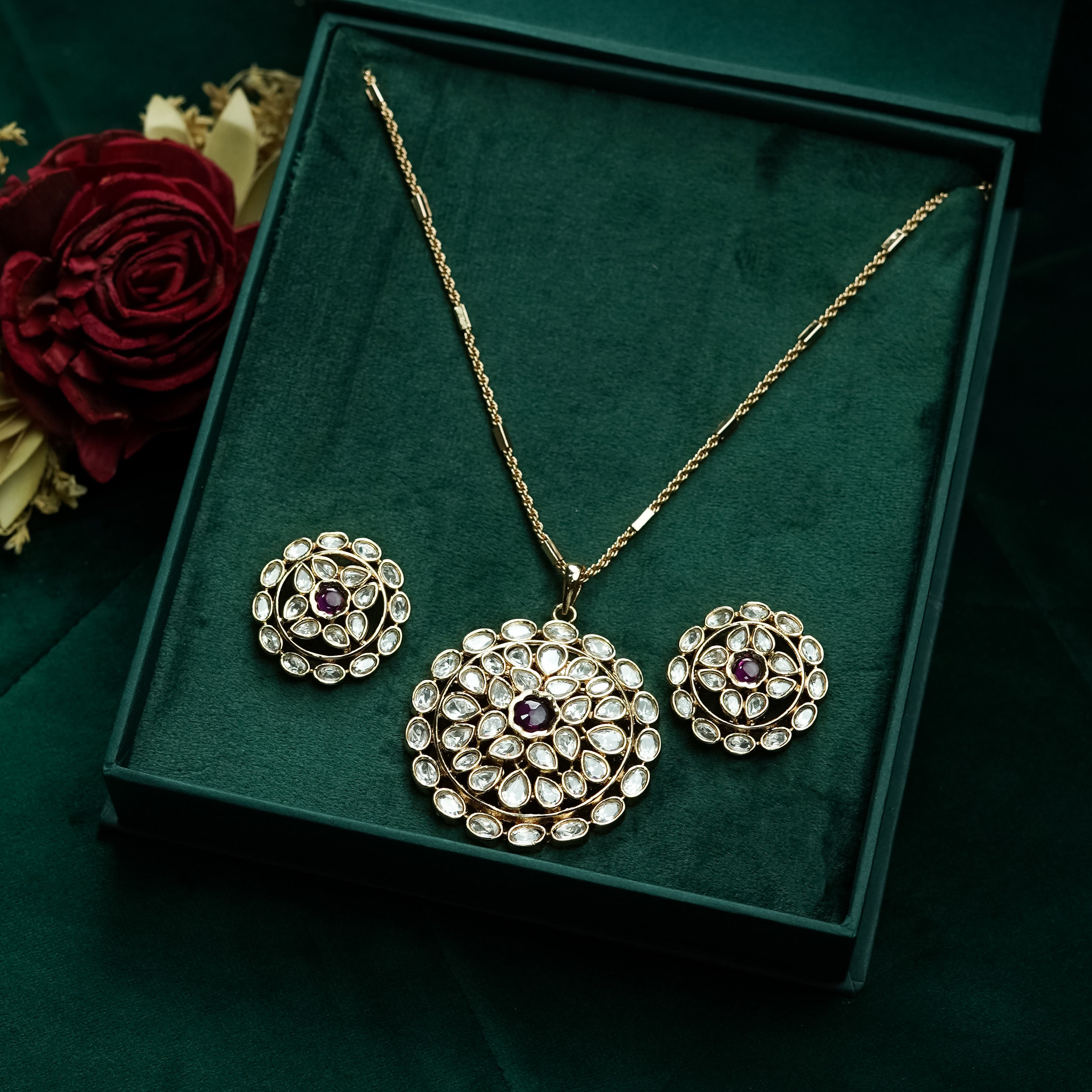 Zevar Club 22K Gold-Plated Cubic Zirconia Maximal Ruby Kundan Pendan Set with Earrings