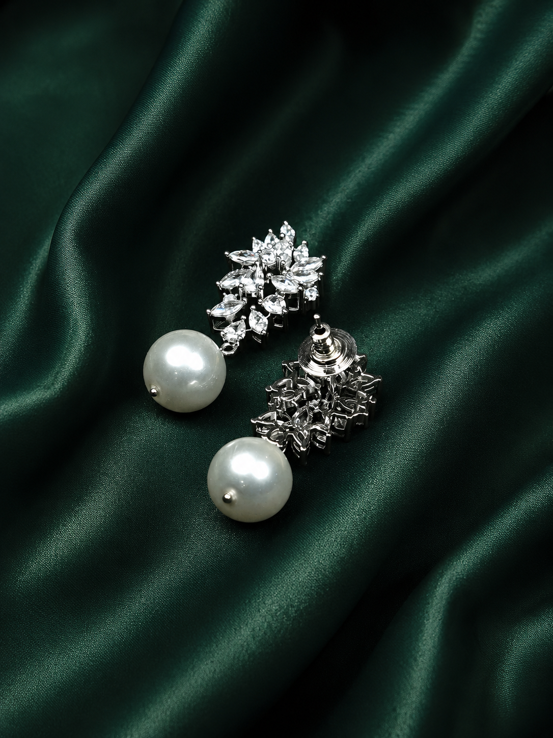 Zevar Club Rhodium-Plated Handcrafted Cubic Zirconia & Pearl Studded Leaf Design Earrings