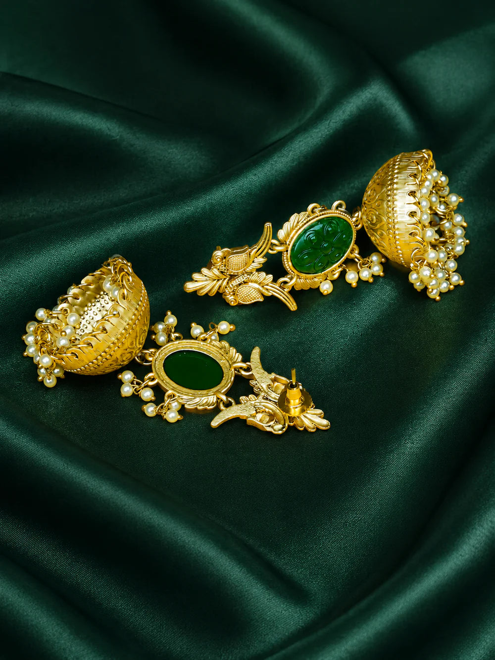 Zevar Club 22K Gold-Plated Pink Carved Stone Jhumka Earrings with Bird Motif & Pearls Drops
